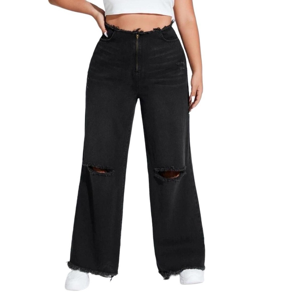 High Waist Ripped Raw Hem Wide Leg Jeans